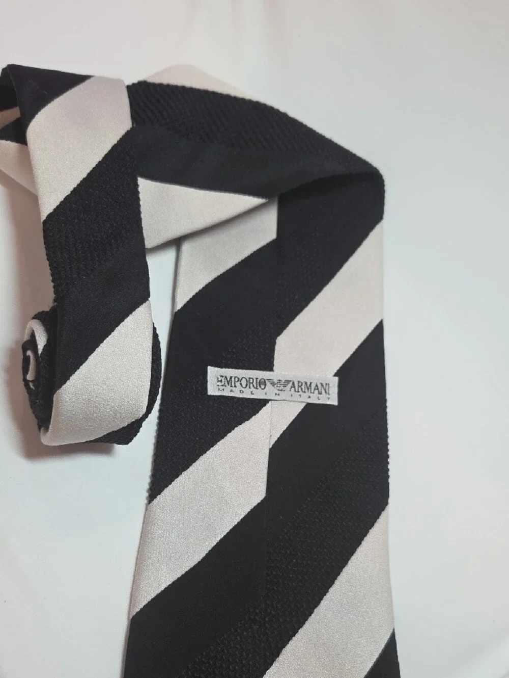 Emporio Armani Nylon/Silk Black and White Striped Patchwork VTG Tie 4.0x53